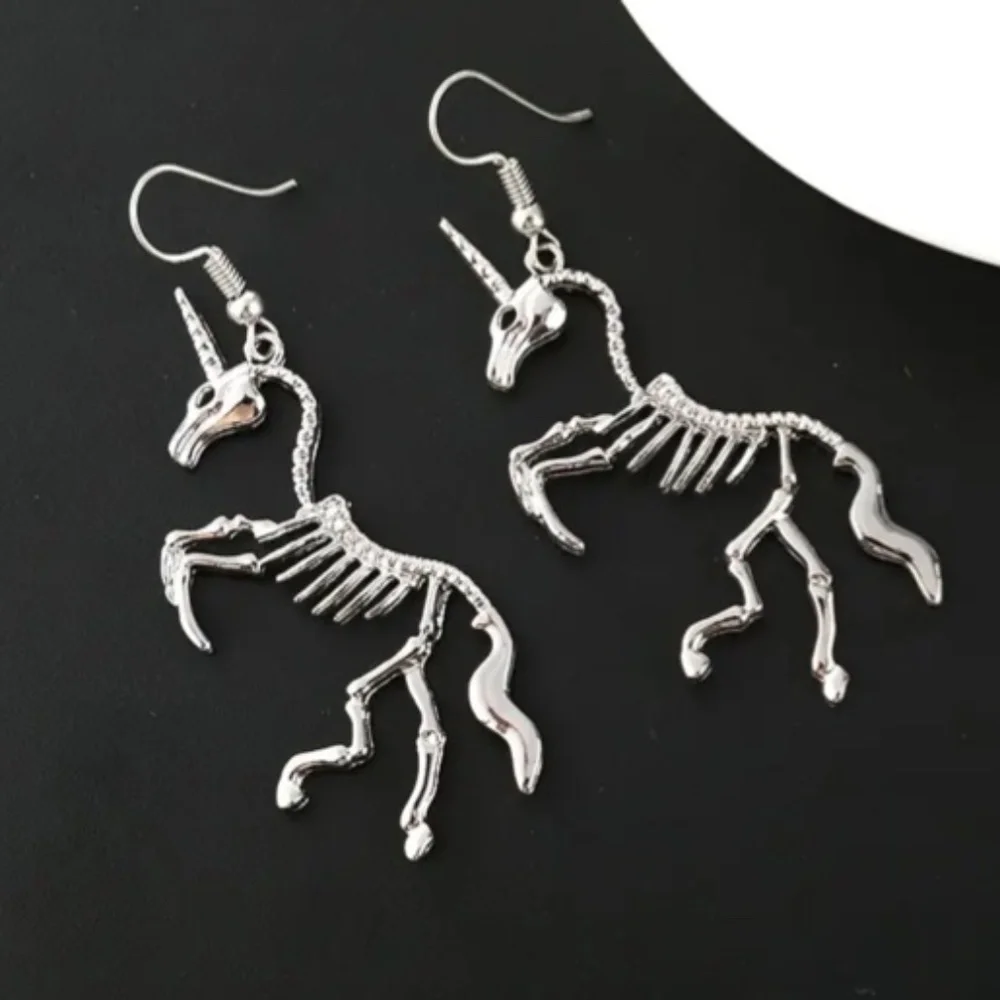 NIP Silver Tone Metal Unicorn Skeleton Pierced Dangle Earrings!
